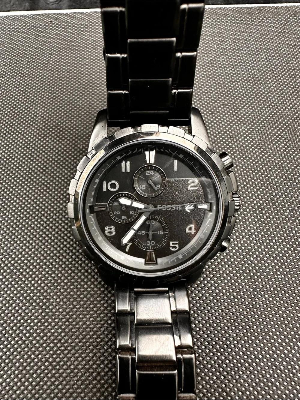 Fossil Black Stainless Steel Chronograph Watch with Silver Caseback